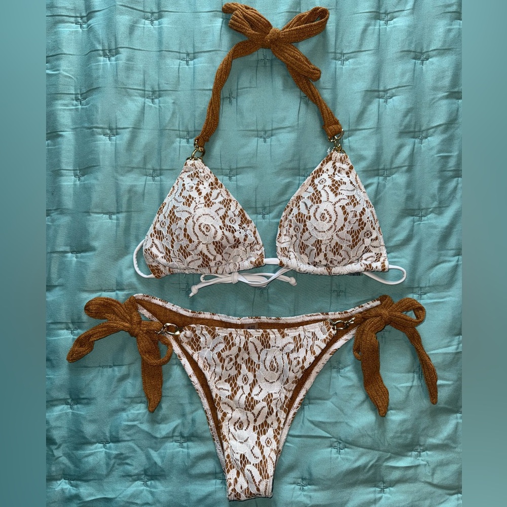 White and Brown Lace Bikini
